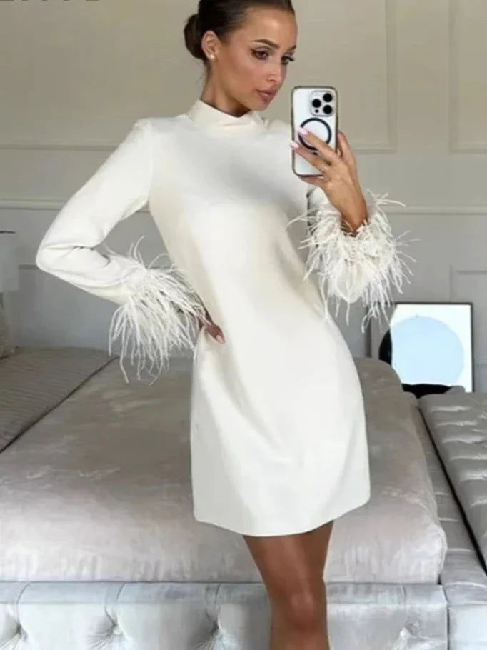 Lumi | Feather-Cuffed Mini Dress